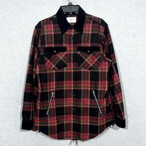 ORO Plaid Flannel Shirt Mens M Red/Black Zip Pockets Corduroy Detail Snap Front